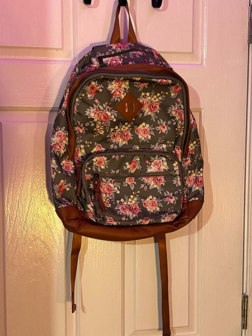 Mudd Floral Print Backpack with Faux Leather Trim